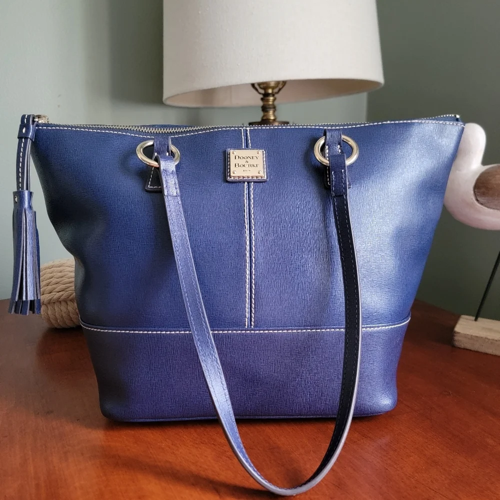 Dooney & Bourke Blue Saffiano Leather Top Zip Shopper Tote Bag